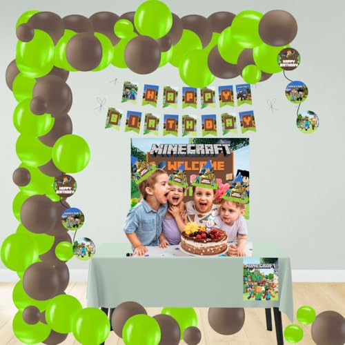 Image of PRETTY UR PARTY Minecraft Party Decorations Kit - 80 pcs Includes Bunting Balloons centerpiece danglers, Birthday Decoration Items, Birthday Party Supplies Decor, Birthday Banner for Girls Boys Kids