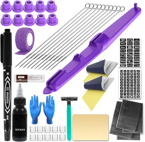 FONPOO Hand Poke Kit, Stick and Poke Set para Principiantes, Hand Poke Pen Kit con 10 Agujas y 2 hojas de papel de transferencia   Púrpura