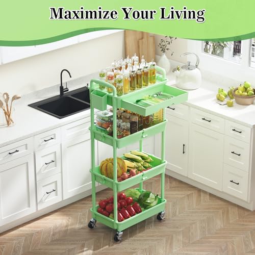 Image of SUNALLY 4 Tier Rolling Utility Cart with Drawer, Storage Organizer Cart with 2 Lockable Wheels, Multifunctional Rolling Storage Cart for Bathroom, Kitchen, Craft, Makeup, Baby Essentials, Green