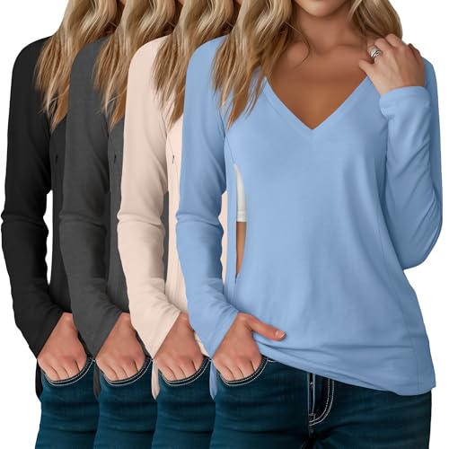 Image of Sweetyweee 4 Pack Women's Long Sleeve Nursing Shirts with Hidden Zipper V Neck Breastfeeding Clothes Maternity Loose Fit Tops