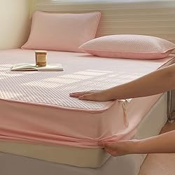 Colchón Rosen King Size Sábana Bajera para colchón King Size rosa, Sábana acolchada gruesa y fundas de almohada Funda de colchón Suave transpirable, Sábana ajustable con fundas de ropa de cama elásticas 200 * 220 cm 3PCS