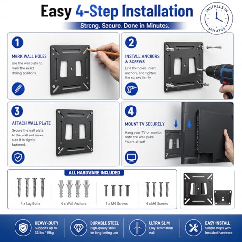 Image of Latin Fixed TV Wall Mount Bracket for 14-24 Inch LED /LCD TVs & Monitors | Universal Low Profile Slim Wall Mount | VESA 75x75 & 100x100 mm Compatible | Heavy Duty Metal Support up to 15kg