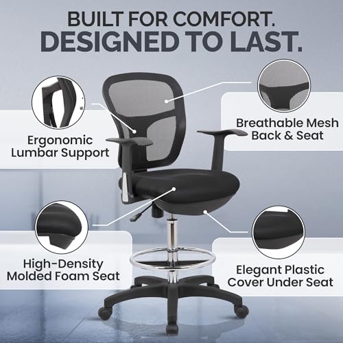 Image of OfficeFactor Drafting Chair Tall Office Chair with Arms Executive Ergonomic Standing Desk Chair with Anti Scratch Wheels and Footrest