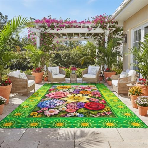 Spring Floral Outdoor Rug 12x15 Vibrant Colorful Flower Border Waterproof