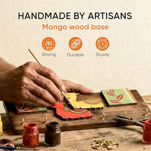 Image of AAKRITI ART CREATIONS Key Holder, Handcrafted Tribal Art Alpaca Theme Key Hanger | Rustic Wood Wall Organizer with 5 Hooks | New Home Gifts| Multifunctional Entryway Decor Item