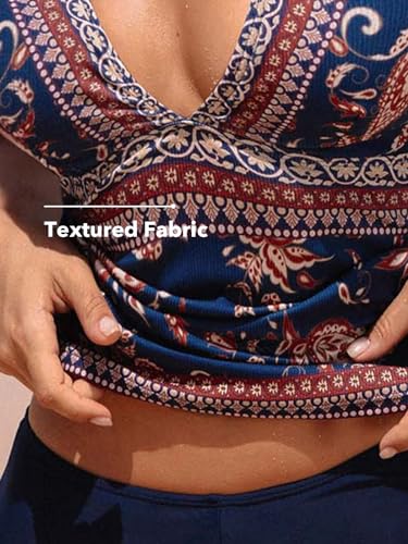 CUPSHE Women's Tankini Sets Two Piece Swimsuit High Waisted Shorts Halter Neck Ribbed Texture Backless4