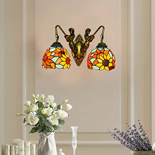 Aplique de pared Tiffany de girasol con 2 luces vintage para dormitorio 2