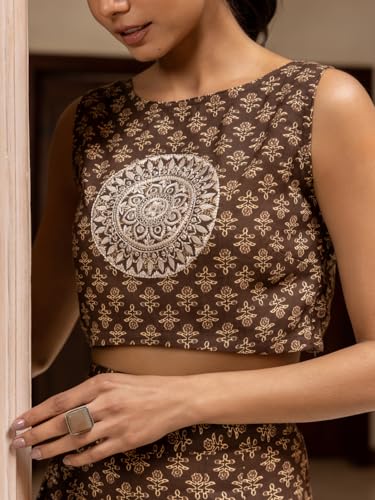 Image of FIORRA Women Cotton Printed Brown Embroidered Co-Ord Set