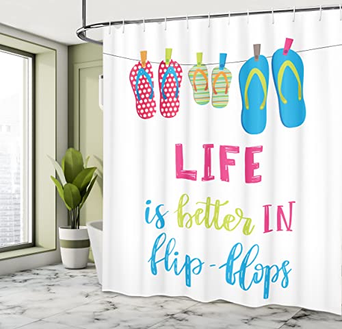 Ambesonne Summer Shower Curtain, Life Is Better In Flip Flops Message With Polka Dotted And Striped Hanging Slippers, Cloth Fabric Bathroom Decor Set With Hooks, 69" W X 70" L, Magenta Sky Blue #TOP3