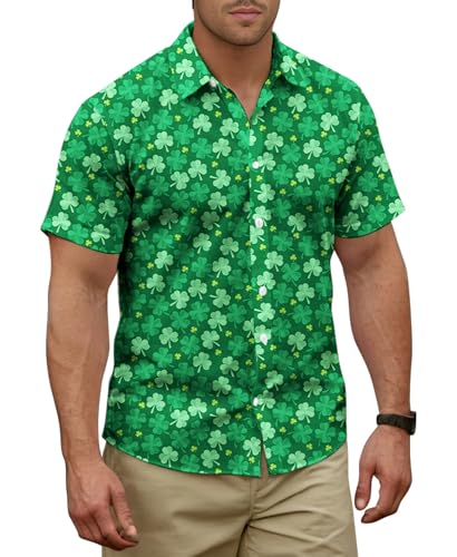 Yoimira St Patrick's Day Shirt Men Irish Clover Printed Hawaiian Shirts for Men Casual Short Sleeve Button Down ShirtClover X-Large