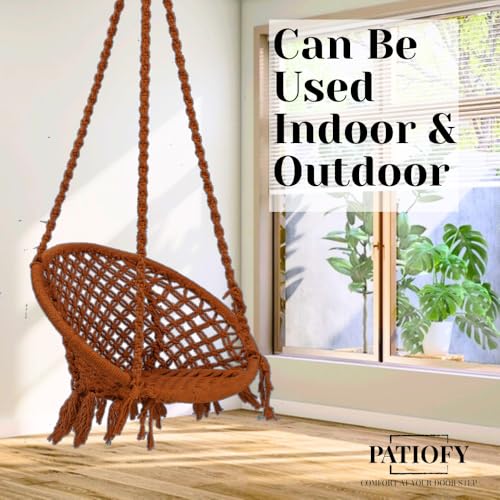 Image of Patiofy Cotton Round Swing Chair for Adults and Kids /Swing for Home /Swing for Balcony /Jhula for Adults /Jhoola for Living Room /Swing for Indoor & Outdoor /with Hanging Kit (Brown)