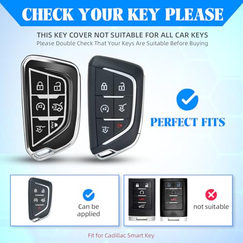 Image of QBUC for Cadillac Key Fob Cover with Leather Keychain (Chrome Trim Black) | Soft TPU Protection Case Compatible with 2020-2026 Cadillac Escalade Lyriq Optiq 6-Buttons
