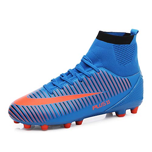 KANGLE Botas de fútbol para Hombre Zapatos de fútbol Adultos Profesionales Tacos Calcetín de fútbol Picos Largos Zapatos de Entrenamiento Zapatillas de Deporte al Aire Libre,Azul,43