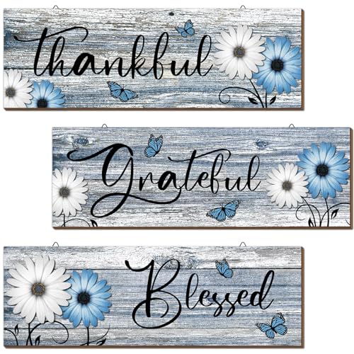 Geetery 3 Pcs Thankful Grateful Blessed Wooden Signs Rustic Daisy Wood Wall Decor Inspirational Wall Art Signs Rustic Wooden Hanging Decorations for Bedroom Kitchen Living Room Bathroom Home (Blue)
