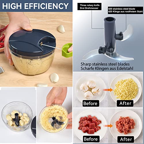 Foto von Zwiebelschneider Manuell 500ML Zwiebel Zerkleinerer mit Seilzug leicht zu ziehen Multizerkleinerer Zwiebelhacker Gemüseschneider Mixer zum Multischneider von Knoblauch/Nüsse/Obst (Tiefblau)