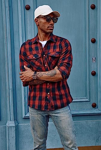 PJ PAUL JONES Mens Flannel Plaid Shirt Casual Long Sleeve Button Down Shirts with Pockets4