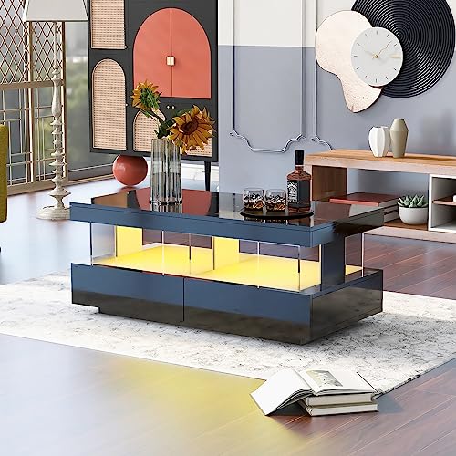 ModernLuxe Coffee Table with 2 Drawers and Open Storage Space, Black High Gloss Living Room Tables with 16 Colors LED Lights, Rectangular Coffee Tables for Living Room 100 * 60 * 49.5 cm - Image 3