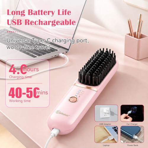 Image of Hatteker Cordless Hair Straightener Brush, Portable Hair Brush for Travel