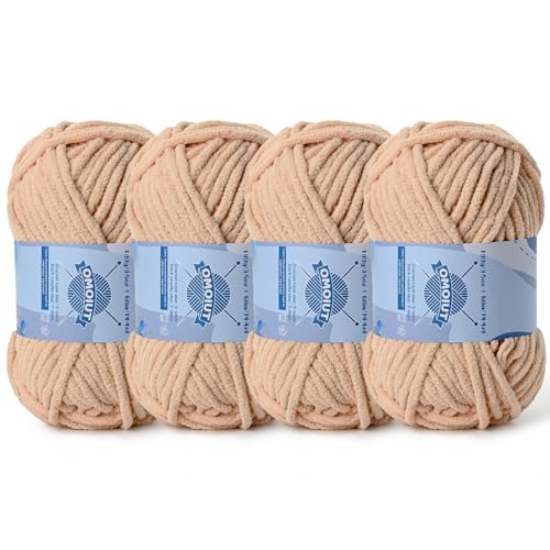 Image of 4 Pack Chunky Chenille Yarn for Crocheting, Baby Yarn for Crocheting Soft Blankets, Bulky Yarns for Crochet Amigurumi, 400g (297yds) Fluffy Velvet Yarns for Hand Knitting (4 Apricot)