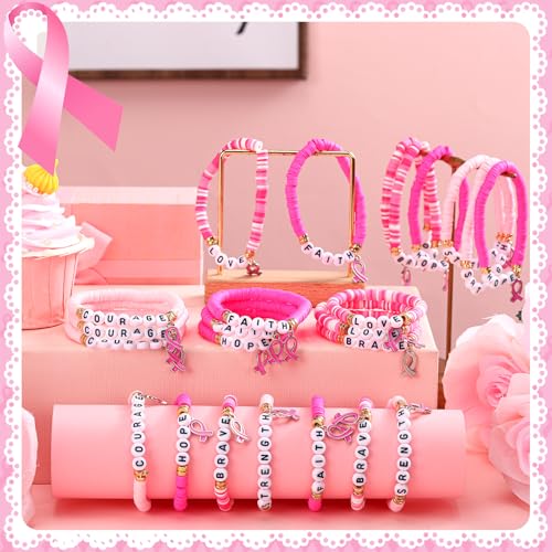 24 Pcs Pink Ribbon Charm Breast Cancer Awareness Bracelets Bulk Breast Cancer Awareness Accessories Polymer Clay Letter Beaded Stretch Bracelets Survivor Gifts for Women Encouragement Items4