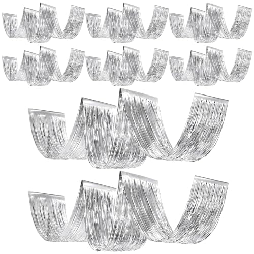 Breling 8 Pcs Silver Ceiling Fringe Curtains, Metallic Foil Drapes, 15 ft