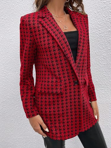 WDIRARA Women's Houndstooth Print Lapel Collar Single Button Work Office Jacket Blazer4
