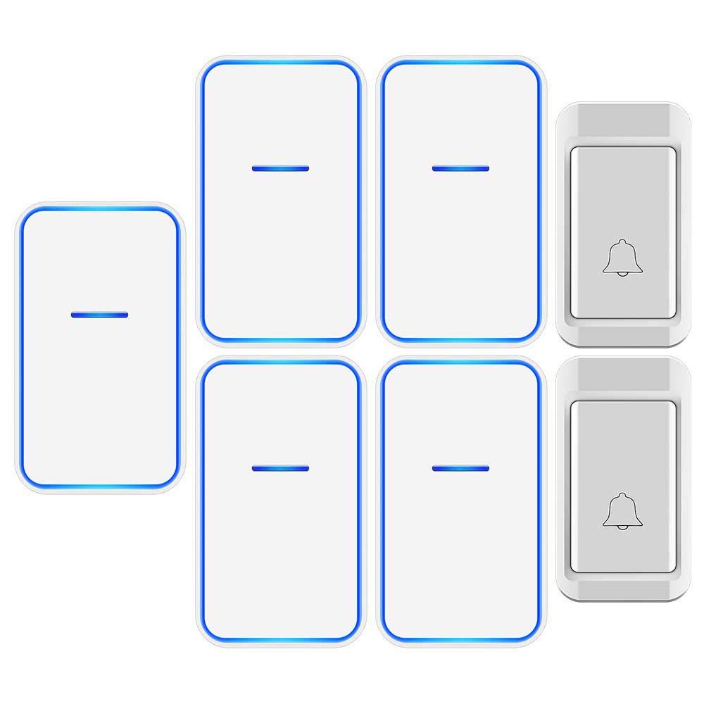 Timbre inalámbrico Resistente al Agua, Alcance de transmisión de 120 m, con recordatorio de luz LED Azul, Timbre autoalimentado, 2 transmisores, 5 receptores, 38 Niveles de música y 5 Niveles de volu