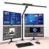 OOWOLF Schreibtischlampe LED, Volles Spektrum Schreibtischleuchte Doppelkopf Dimmbar mit Hintergrundbeleuchtung, 24W 81.5 CM Architektenlampe Tischlampe Klemmbar, 5 Farbmodi Büro Tischleuchte