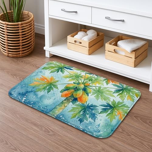 Image of Tropical Leaves Quick Dry Bath Mat, Watercolor Green Plants Absorbent Non Slip Shower Mat, Summer Decorative Flannel Washable Bath Rugs for Bathroom Toilet Restroom 20x32 Inch