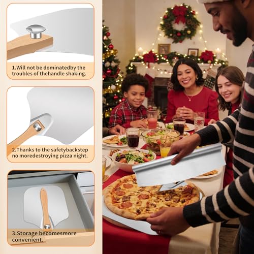 Pizza Peel Aluminum Pizza Spatula, MOVNO 12 inch Metal Pizza Paddle(12\"x 14\") with Rocker Cutter Foldable Wood Handle, Server for Family Pizza Oven Baking Pizza, Dough, Bread & Pastry