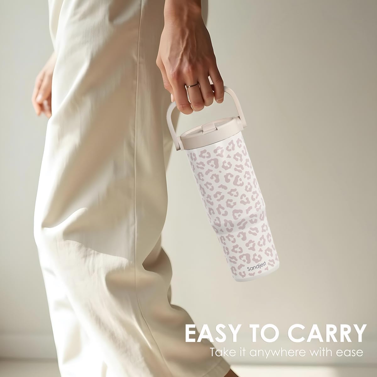 SANDJEST Leopard Skin Stainless Steel Straw Lid Tumbler 30oz with Carry Handle for Women Girls, Insulated Travel Coffee Cup, Gift for Sports Outdoor Workout Christmas Birthday (Beige) - Image 5