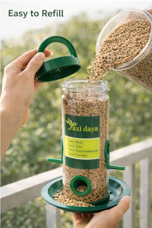 Image of Bird Feeder for Balcony & Garden - Pack of 3 | Hanging Seed Container with Perch & Tray | Outdoor Bird Feeding Jar for Sparrows & Small Birds
