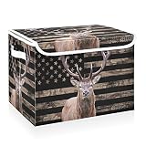 CaTaKu Deer Hunting Storage Bins with Lids, Fabric Large Storage Container Cube Basket with Handle American Flag Decorative Storage Boxes for Organizing Clothes Shelves