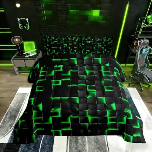Image of Erosebridal Neon Black Green Boys Comforter Set Toddler Size Geometric Checkered Bedding Set for Kids Teen Men Gaming Room Decor,Abstract Ombre Plaid Comforter Grids Quilt Duvet