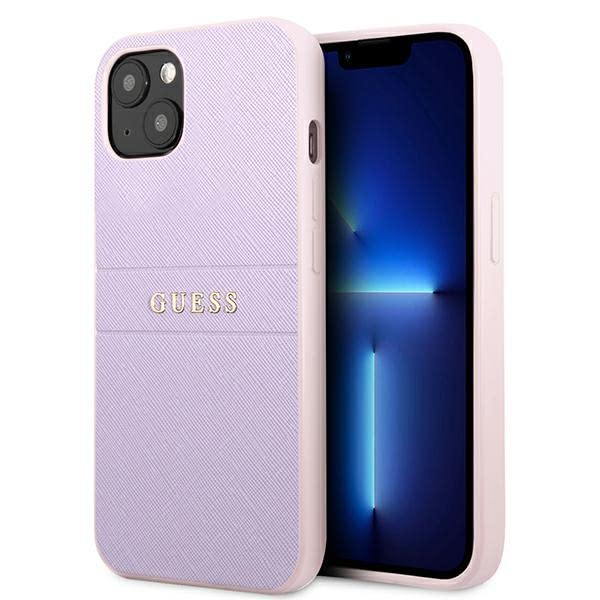 GUESS GUHCP13SPSASBPU Coque pour iPhone 13 Mini 5,4" Violet Saffiano Hot Stamp & Logo Métal