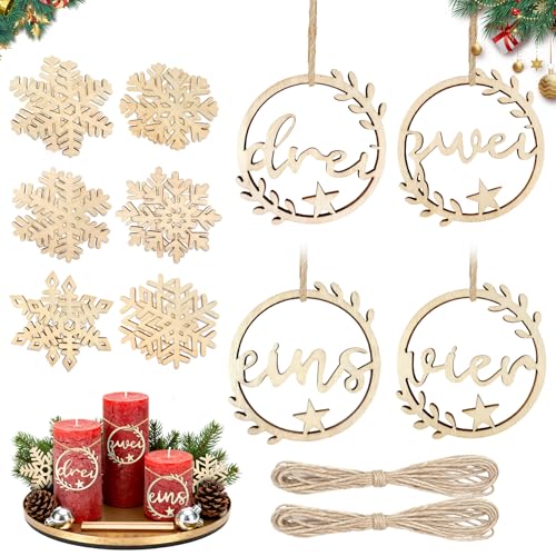 ePicsoa Adventskranz-Zahlen 1-4, 12 Stück Natur Holz Schneeflocken...