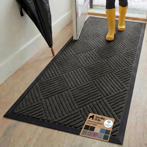 GORILLA GRIP 100% Waterproof All-Season WeatherMAX Doormat, 72x24, US Designed Natural Rubber, Stain and Fade Resistant, Low Profile Indoor Outdoor Door Mats, Easy Clean Patio Mat, Gray Diamond