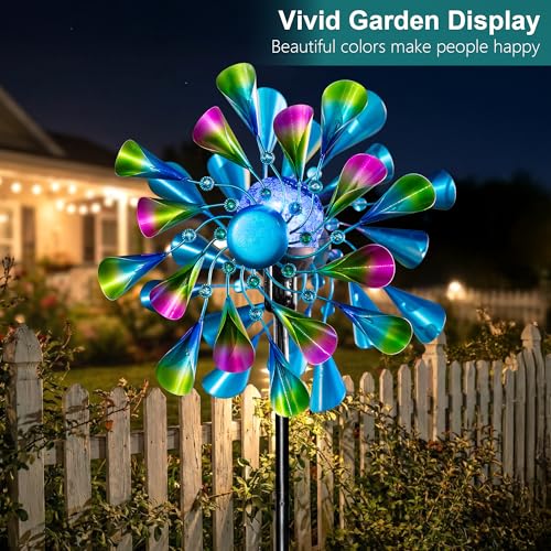 Image of Solar Wind Spinner Outdoor Metal - Peacock Kinetic Garden Sculptures with Color-Changing LED Lights, Waterproof Wind Catchers Yard Art Decor for Patio Lawn, for Women (Green)