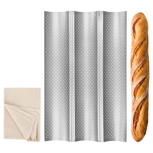 LCFVOFU Baguette Baking Tray for 3 Baguettes with Non-Stick Coating Waves Grooves Baguette Tray French Bread Pan Mould for Long Strip Bread Silver