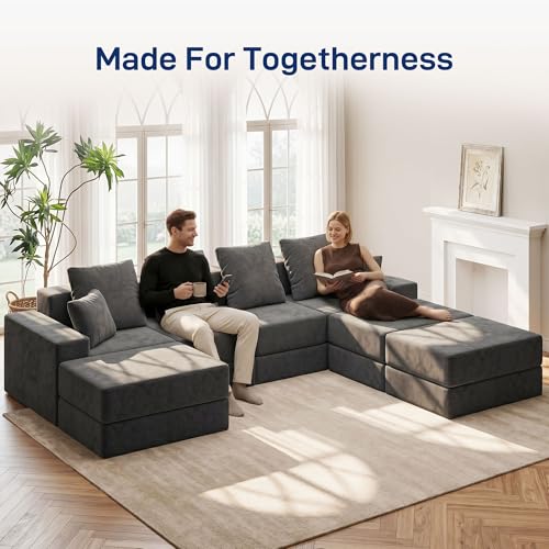 Image of Living&Giving 128 inch U-Shaped Cloud Sectional Couch for Living Room, Cloud Boneless Couch-No Assembly with Reversible Chaise, Customizable 4-Seat Modular Sectional Sofa with 3 Ottoman,Dark Grey
