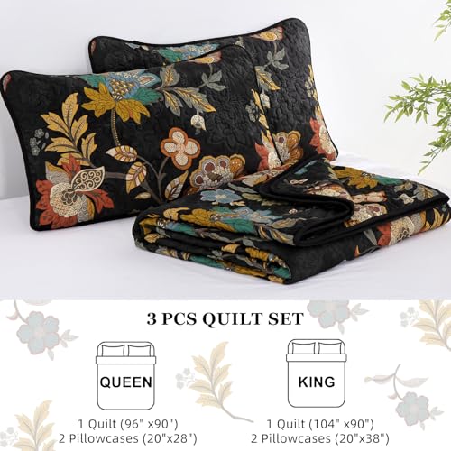 WONGS BEDDING Floral Quilt Queen Size, Black Vintage Botanical Bedspread by WONGS BEDDING - Used condition - Image 8