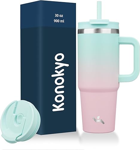 Miniatura 23 de Vaso de 40 onzas con asa y 2 pajillas, botella de agua aislada 2 en 1 con tapa. Taza de viaje de acero inoxidable para café, flores de cerezo Azul