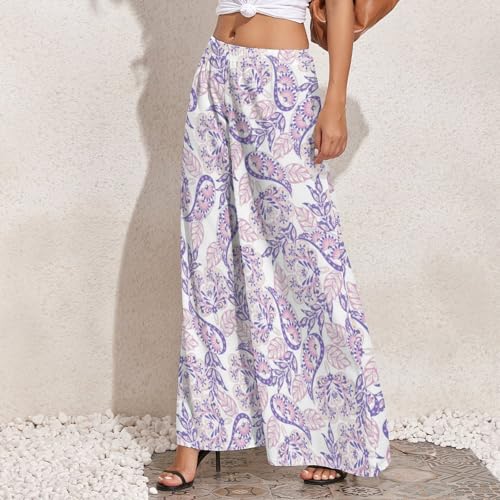 Palazzo Pants for Women, Purple Pink Paisley Casual Comfy Womens Wide Leg Pants Baggy Lounge Pants2
