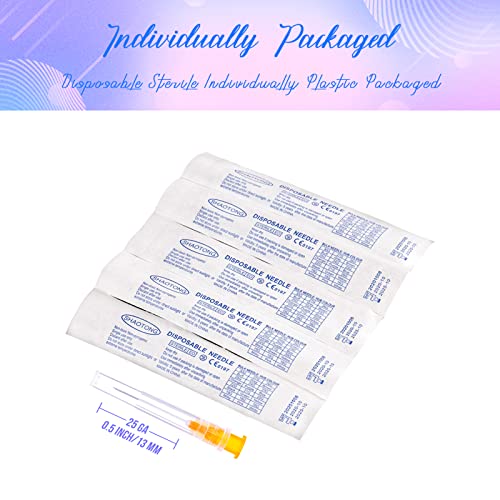 Image of 25 Gauge 1 /2 Inch Needles Luer Lock Disposable Lab Supplies, Pack of 100 | SHAOTONG 25G 1 /2 inch 13mm Needle with Cap for Liquids Measuring or Refilling, Sterile, Individually Wrapped