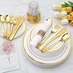 Goodluck 350 Piece Gold Plastic Dinnerware Set for 50 Guests, Fancy Disposable Plates for Party, Include: 50 Dinner Plates, 50 Dessert Plates, 50 Pre Rolled Napkins with Silverware, 50 Cups - Image 5