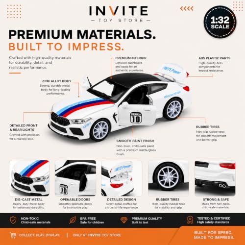 Image of Invite 1:32 Scale B.M.W M8 GT Sport Die-Cast Metal Toy Car with Opening Doors, Hood & Trunk, Sound & Light Effects, Pull-Back Action, Alloy Collectible Model Car for Kids & Adults (White)