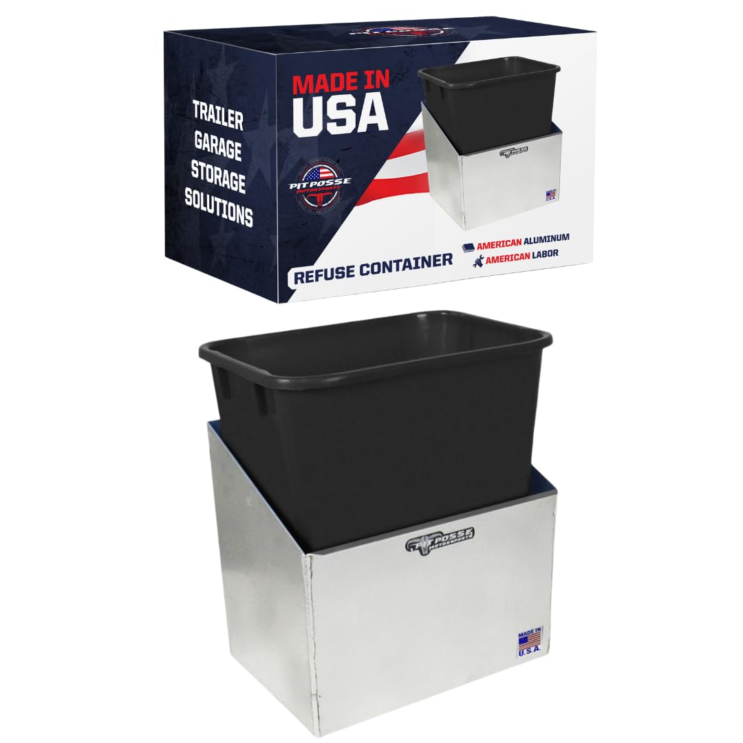 Pit Posse 453 Refuse Container Bin Garage Trash Can Holder Organizer - Made in USA - Enclosed Race Trailer Shop Garage Storage Mounted Aluminum Disposal Waste Hanger (Silver)