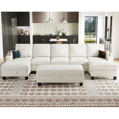Belffin Oversized U Shaped Sectional Sofa Set for Living Room. Modular Couch with Storage. Convertible Sectional Sofa. Sofa with Cup Holder. Beige Cou