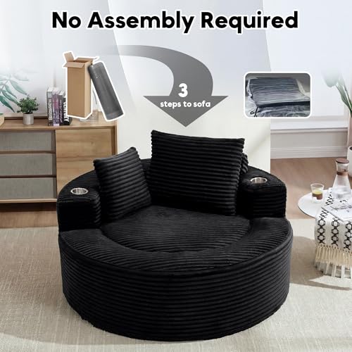 Image of Oversized Round Chair Lounge Chaise Indoor, 55.5 inch Upholstered Corduroy Deep Seat Single Cloud Sofa Chair with Cup Holder, Modern Large Circle Boneless Sleeper Sofa for Living Room, Black
