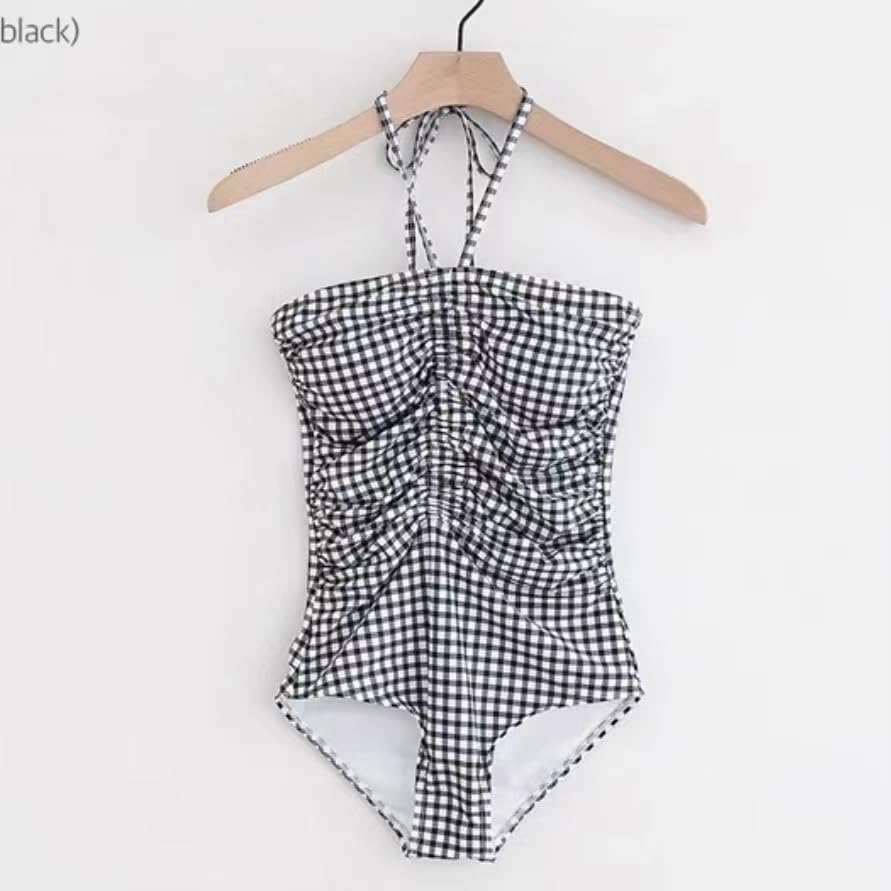 Women's One-Piece Swimsuits, Neck Strapless Monokini, Vintage Plaid Bathing Suit, Female Tummy Control Swimwear2